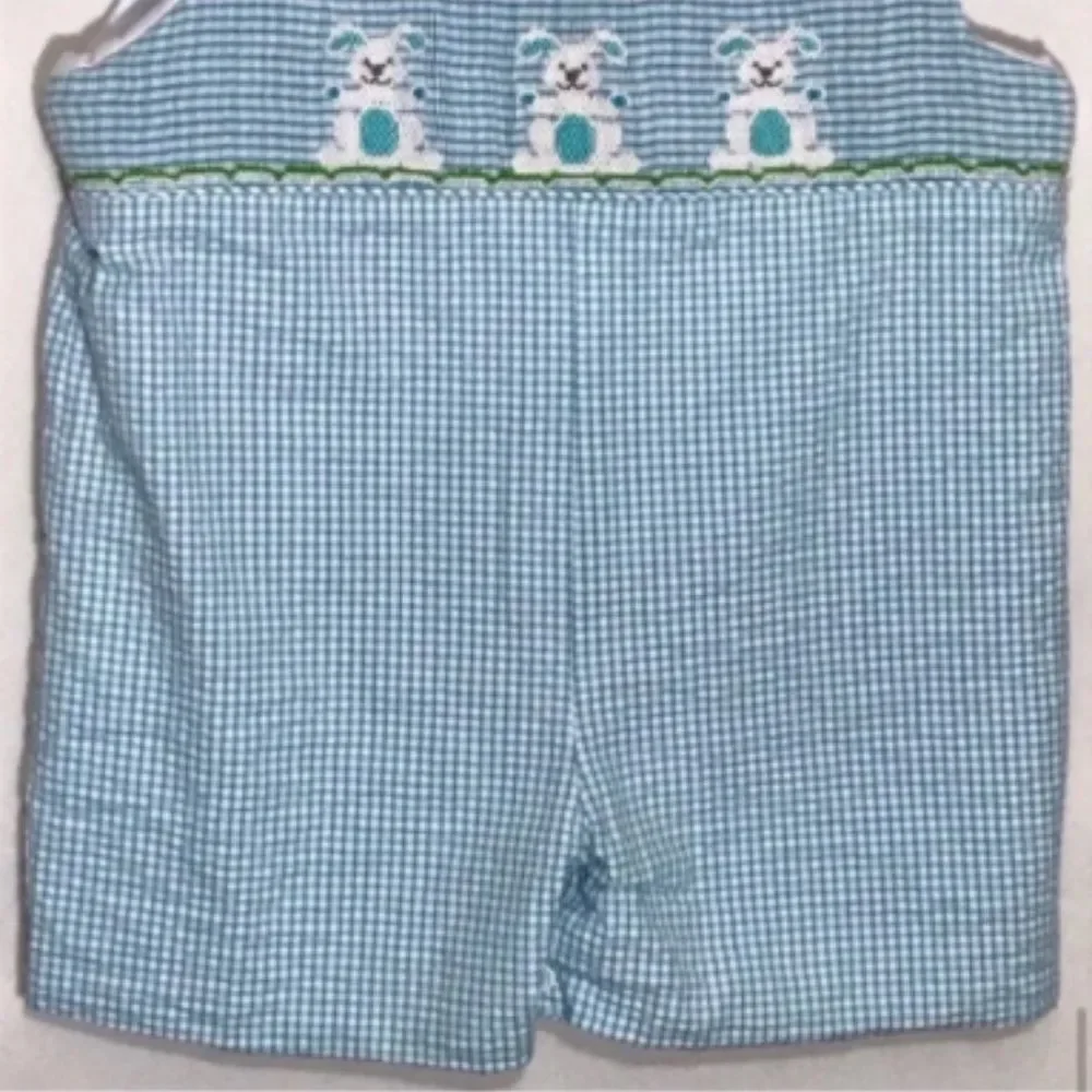 Classic Whimsy Easter Bunny Rabbit Blue Checkered Overalls